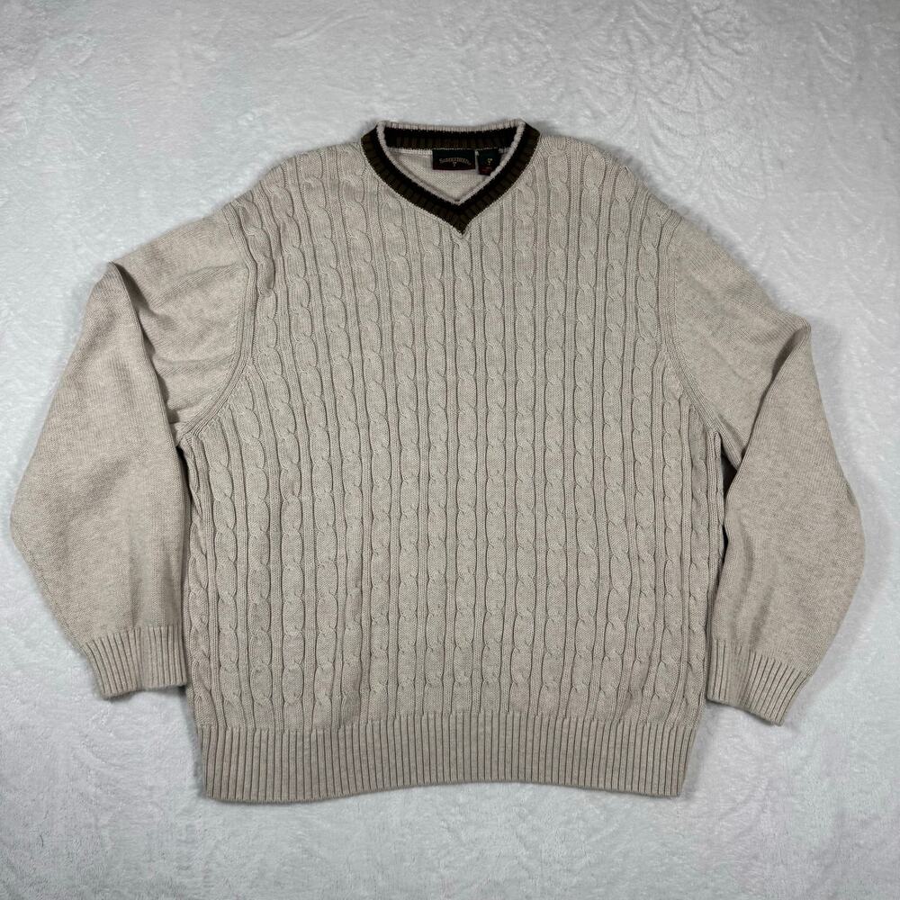 Saddlebred Men's XXL Cable Knit Beige Pullover Heavy Sweater V-Neck Cotton‎